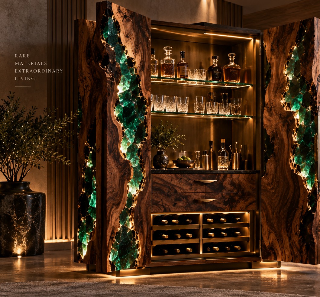Tall sculptural walnut bar cabinet with glowing rough emerald and illuminated interior