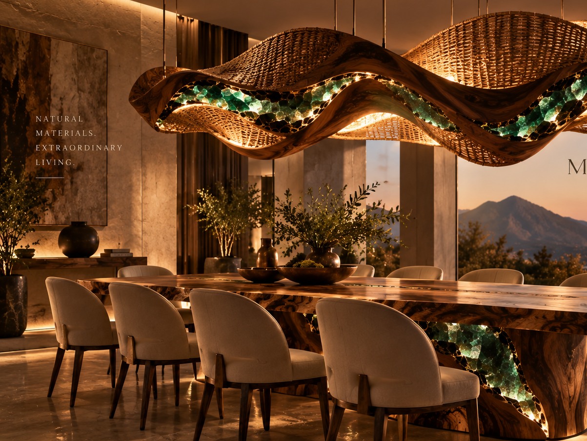 Sculptural wood and woven chandelier with illuminated emerald detail