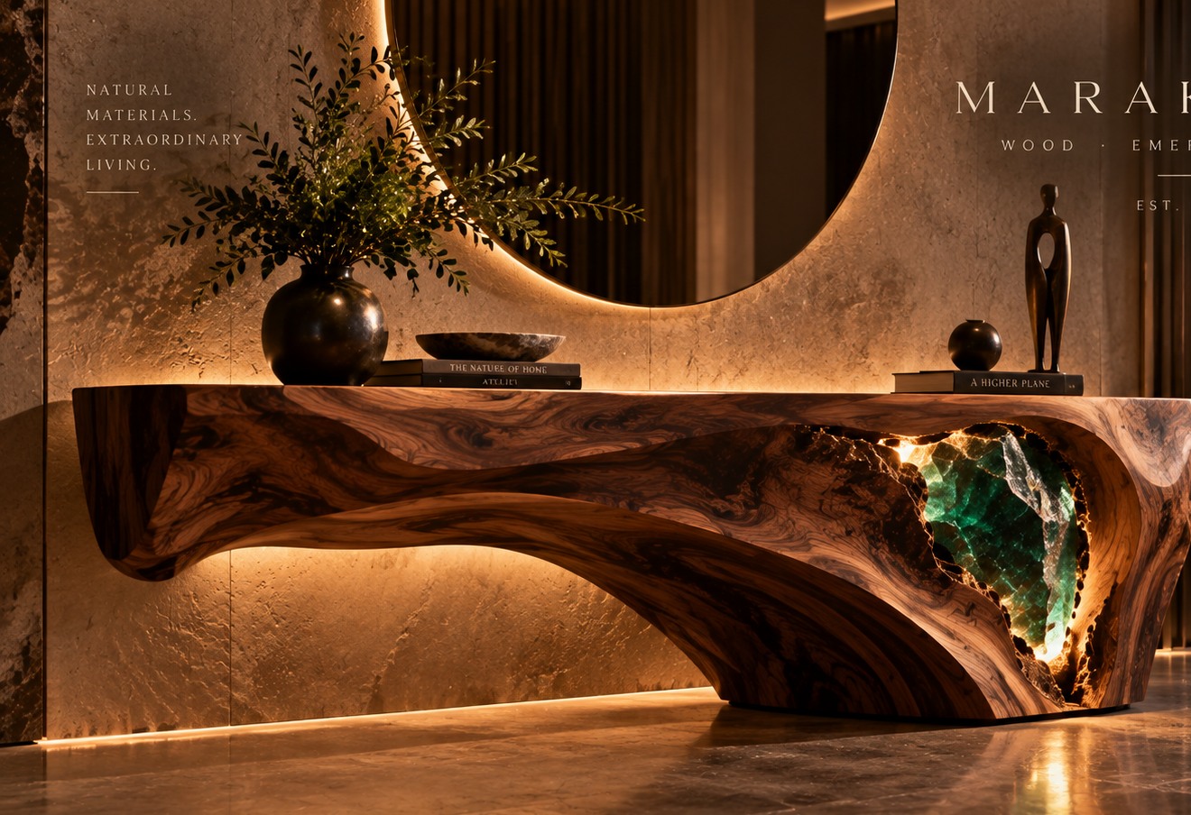 Minimal sculptural walnut console with a restrained illuminated emerald formation