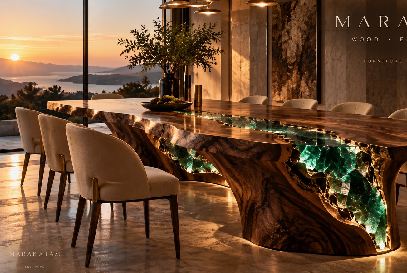 Monumental sculptural walnut dining table with an illuminated emerald formation