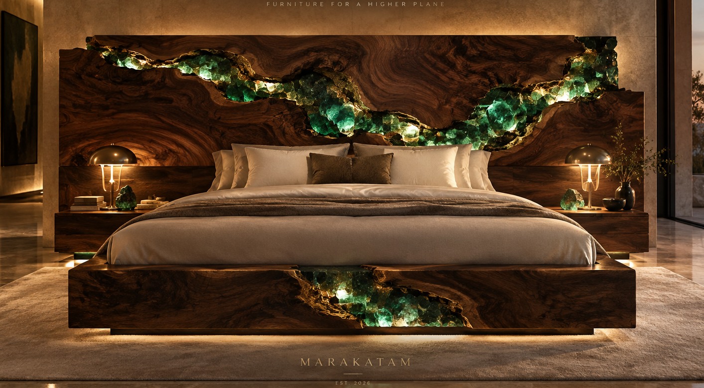 Sculptural walnut bed with illuminated rough emerald integrated into the headboard and frame